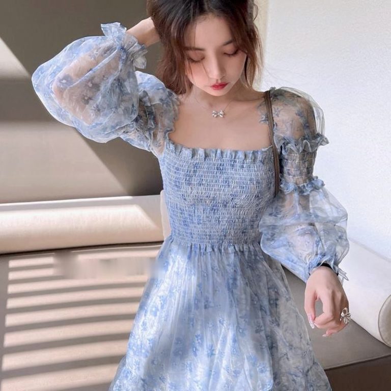 Blossom Lace Floral Puff Sleeve Fairycore Midi Dress