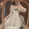 Chic French Summer Puff Sleeve Lace Chiffon Dress