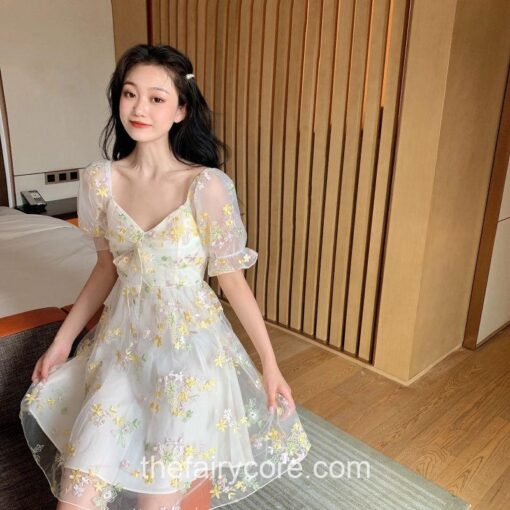 Floral Puff Sleeve Lace Chiffon Off Shoulder Mini Dress