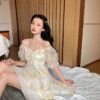 Floral Puff Sleeve Lace Chiffon Off Shoulder Mini Dress
