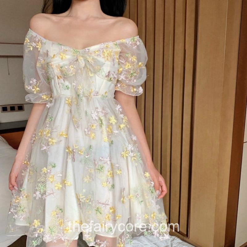 Floral Puff Sleeve Lace Chiffon Off ...