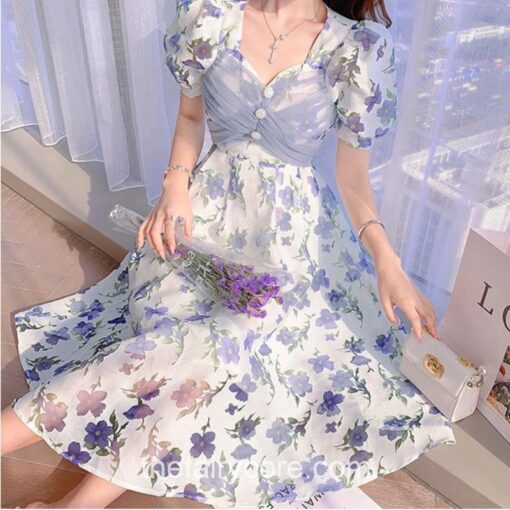 Kindhearted Floral Puff Sleeve V-neck Fairy Dress