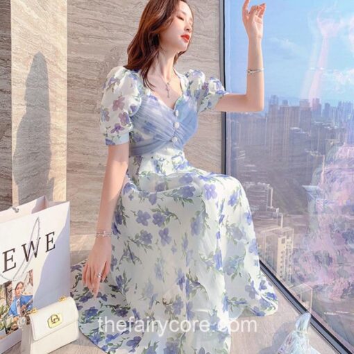 Kindhearted Floral Puff Sleeve V-neck Fairy Dress