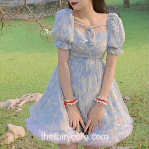 Lace-up Princess Sequin Puff Sleeve Dress
