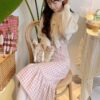 Adorable Japanese Sweet Bow Designer Plaid Strap Fairycore Dress 5