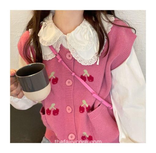 Adorable Fairycore Autumn Knitted Cherry Kawaii Sweater Cardigan 8