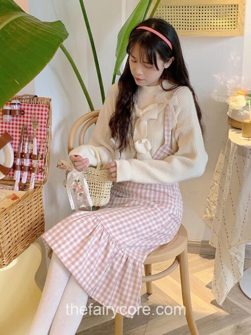 Adorable Japanese Sweet Bow Designer Plaid Strap Fairycore Dress 11