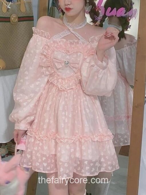 Gentle Fairycore Lolita Japanese Fairy Party Lace Heart Mini Dress 1