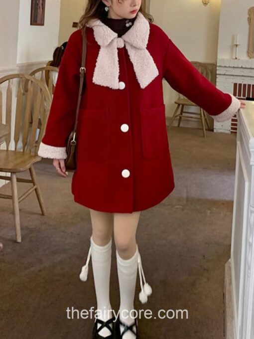 Fairycore Princess Winter Red Kawaii Wool Patchwork Warm Outwear Coat 6