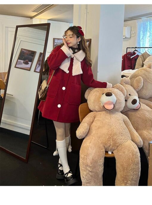 Fairycore Princess Winter Red Kawaii Wool Patchwork Warm Outwear Coat 8