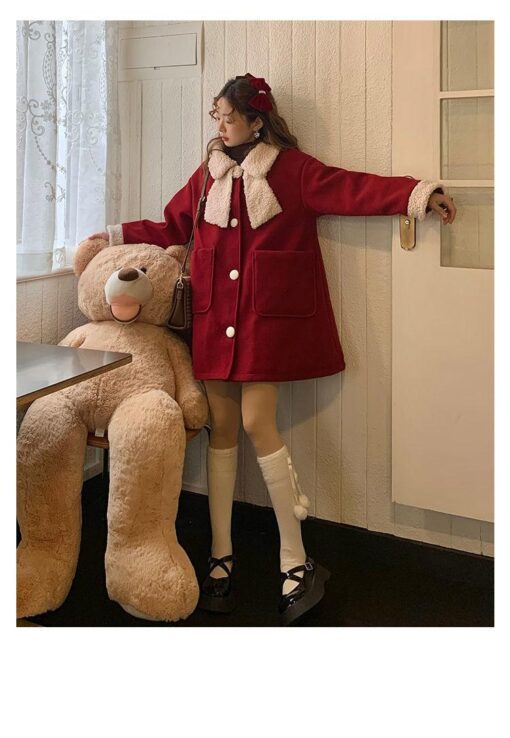 Fairycore Princess Winter Red Kawaii Wool Patchwork Warm Outwear Coat 4