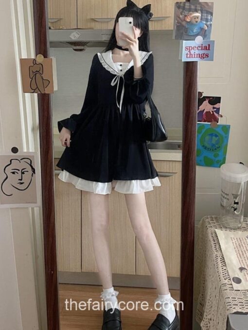 Gentle Fairycore Black Lolita Patchwork Mini Dress 3