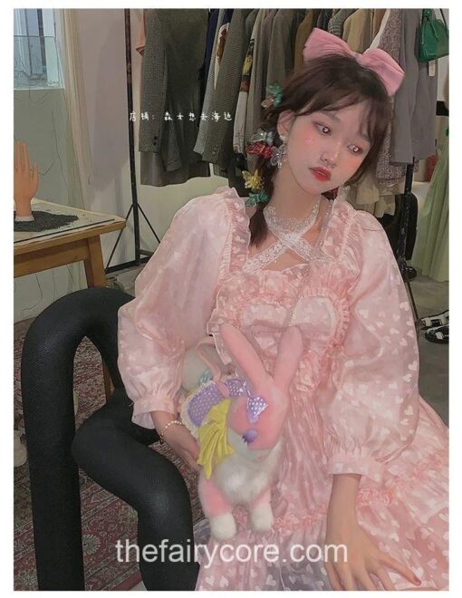 Gentle Fairycore Lolita Japanese Fairy Party Lace Heart Mini Dress 3