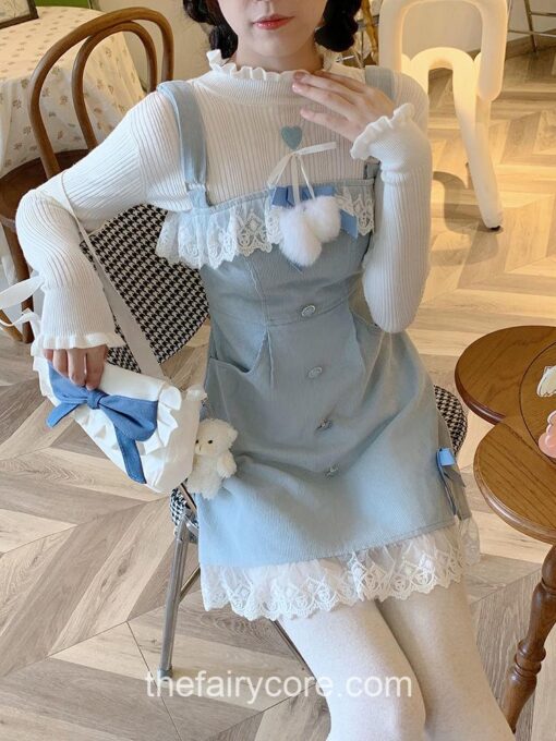 Fairycore Lolita Kawaii Split Bow Designer Lace Sweet Mini Dress 9