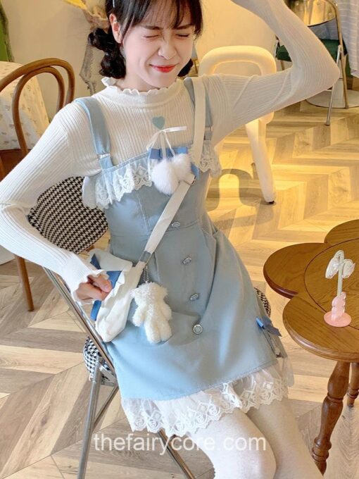 Fairycore Lolita Kawaii Split Bow Designer Lace Sweet Mini Dress 4