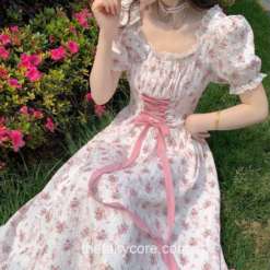 Charming Floral Princess Fairy Sweet Puff Sleeve Dress 2