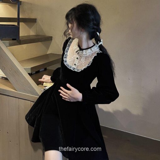 Retro Black Gothic Lace Patchwork Fairycore Mini Dress 9