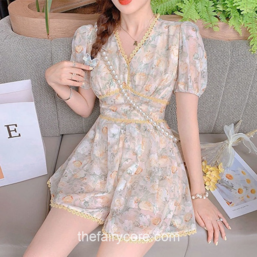 Aesthetic Floral Short Jumpsuit Summer Lace Print Mini Dress 1